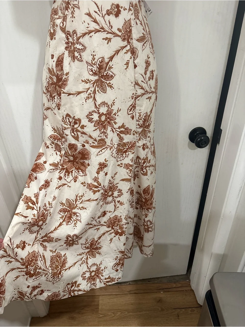 Bohemian cottagecore Ivory and Brown Floral V-Neck Puff Sleeve Dress